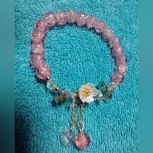 Pink green clear cracked glass beads flower floral stretch bracelet